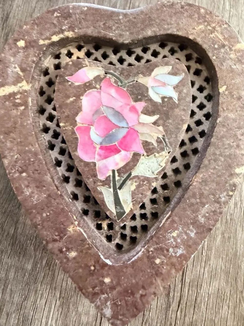 Vintage Hand-Carved Soapstone Heart-Shaped Trinket Box with Lattice Lid and Moth